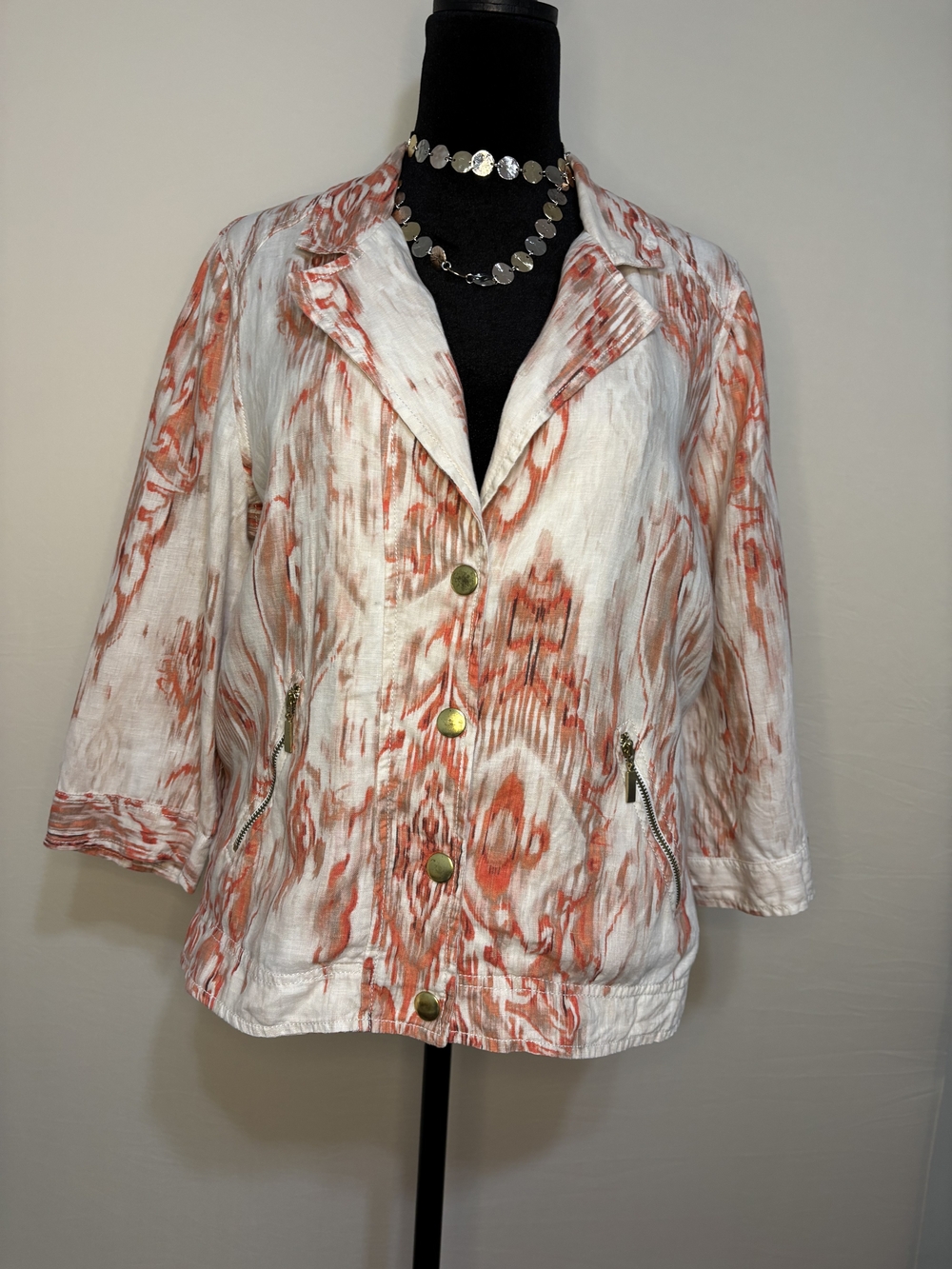 Chico's 100% Linen Abstract Ikat Print Orange & White Jacket Blazer - Size